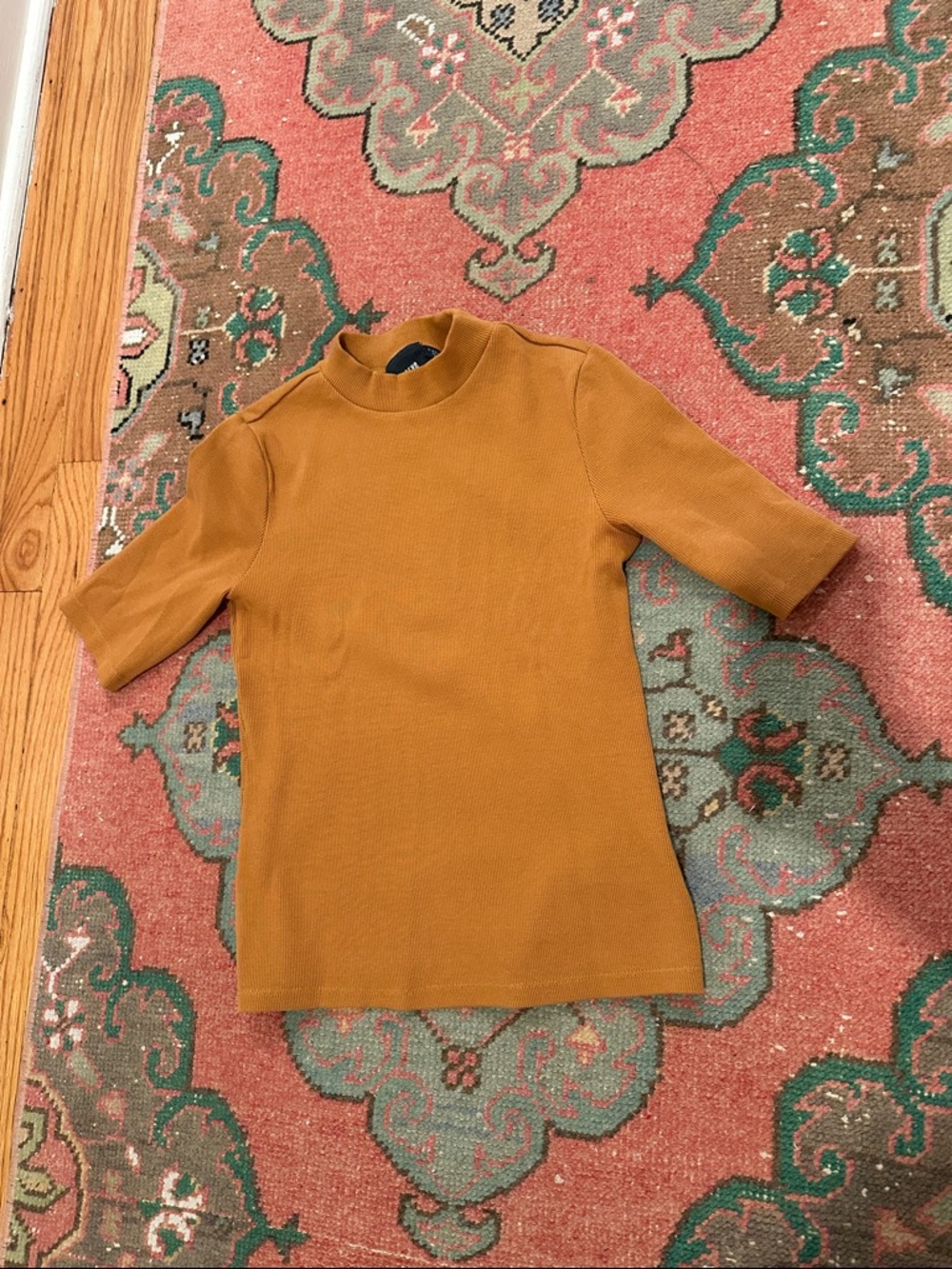 Maeve Mustard Short-Sleeve Mock Neck Top